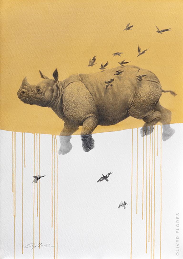 Animal Painting Oliver Flores - Rhino jaune Jouney n° 6, aquarelle et fusain représentant des rhinocéros et des oiseaux volants