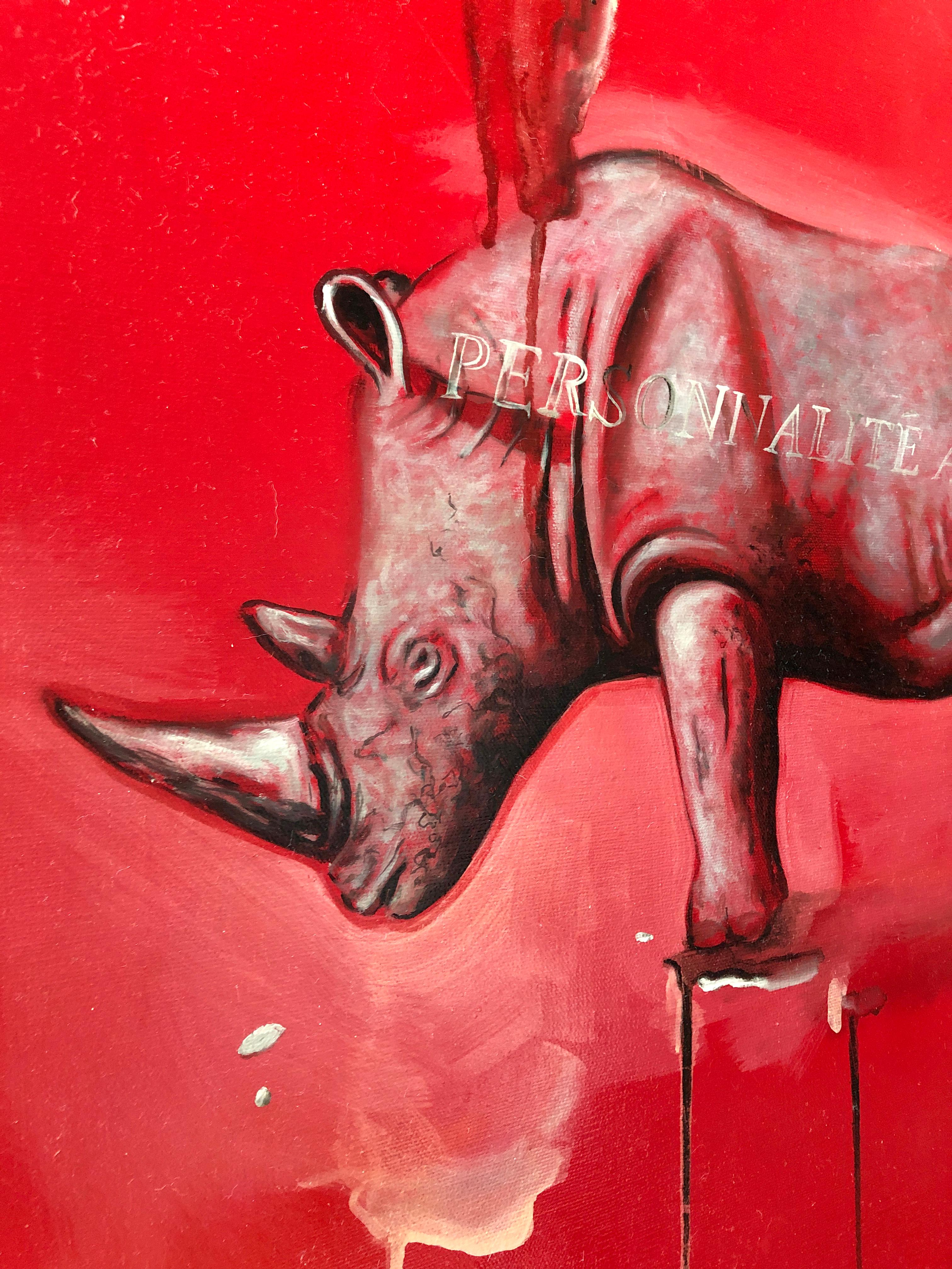 Roter Rhino – zeitgenössisches Ölgemälde auf Leinwand, farbenfrohes und verspieltes Tiergemälde im Angebot 1