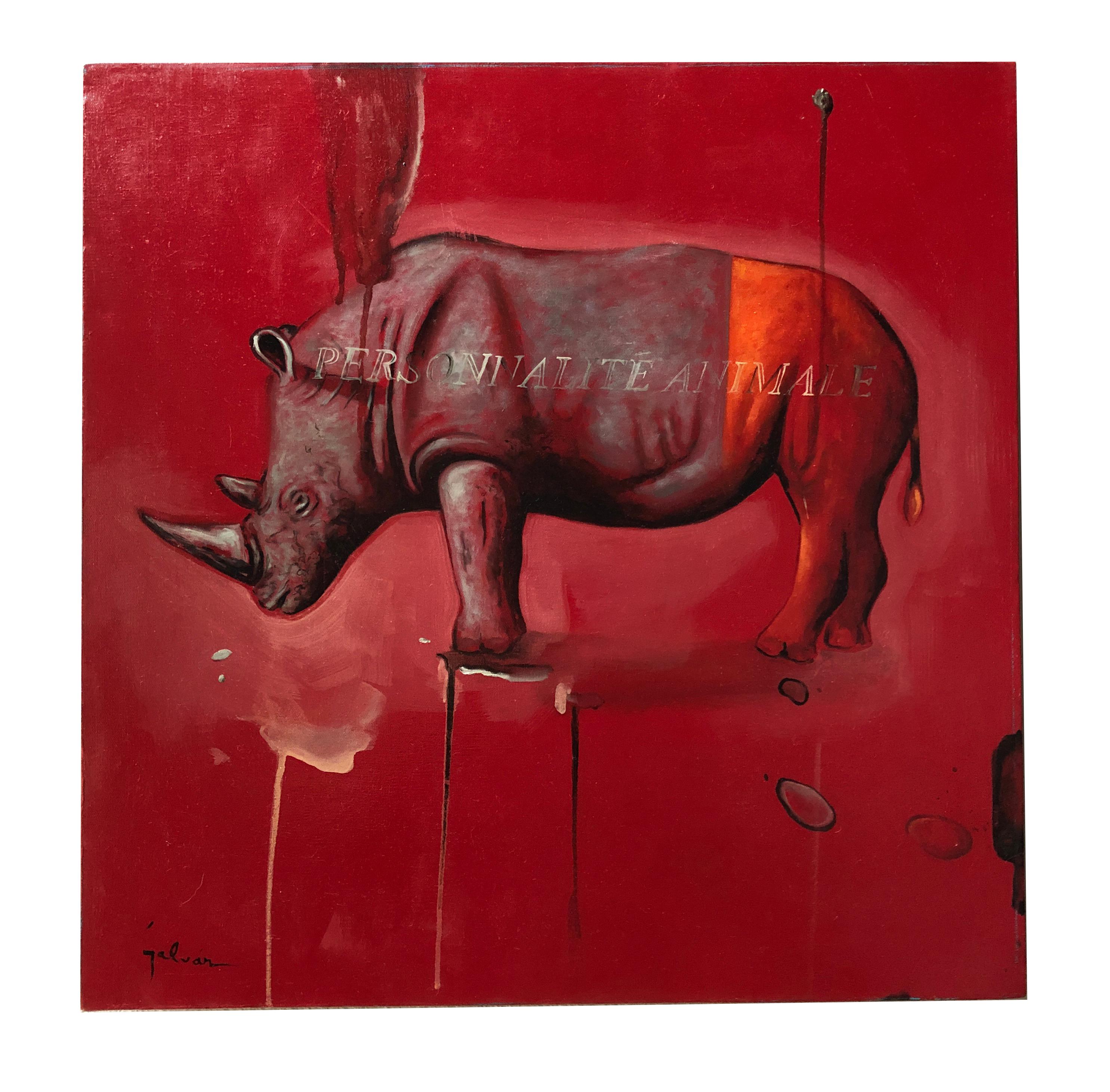 Red Rhino - contemporary oil on canvas, animal painting colorful and playful - Painting by Jesus Galvan
