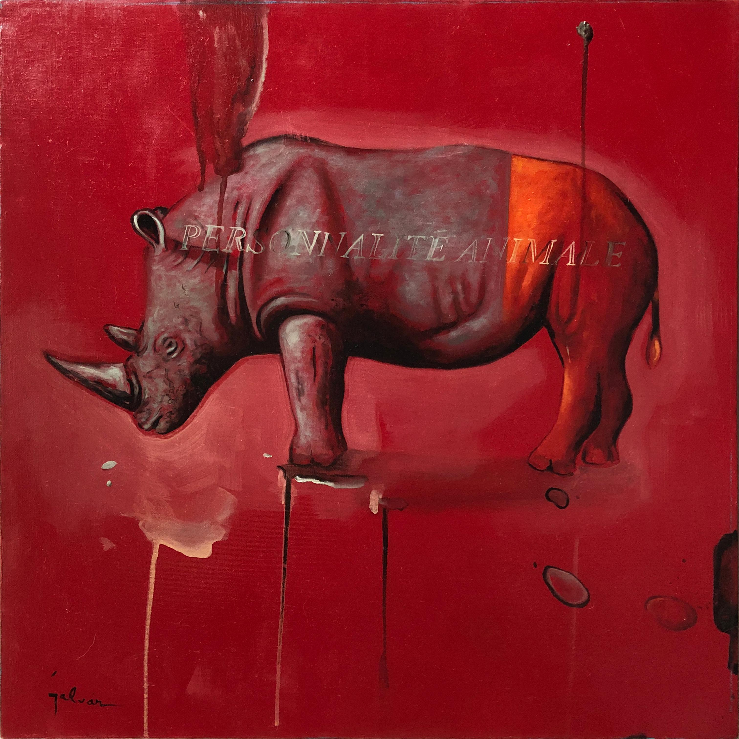 Jesus Galvan Figurative Painting – Roter Rhino – zeitgenössisches Ölgemälde auf Leinwand, farbenfrohes und verspieltes Tiergemälde