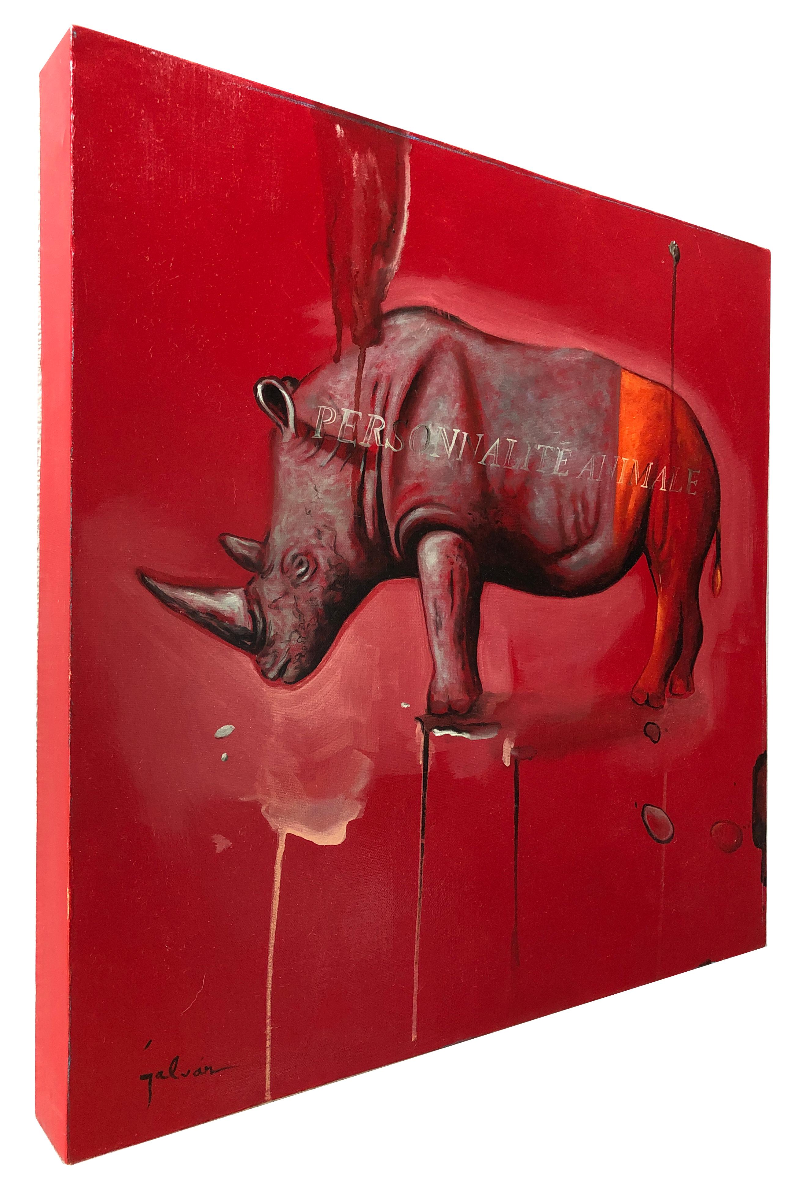 Roter Rhino – zeitgenössisches Ölgemälde auf Leinwand, farbenfrohes und verspieltes Tiergemälde (Zeitgenössisch), Painting, von Jesus Galvan