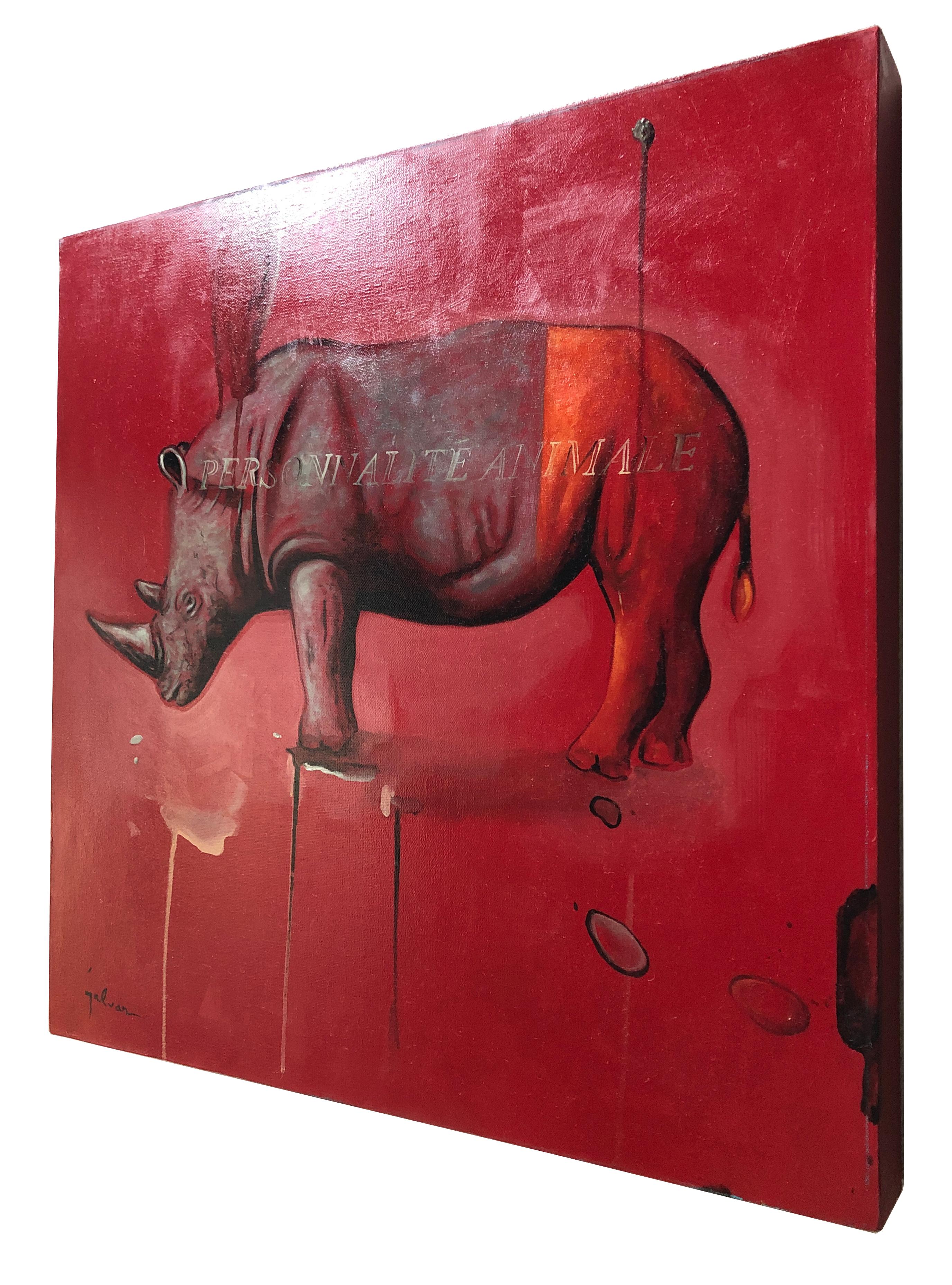 Rhino rouge - huile sur toile contemporaine, peinture d'animaux colorée et ludique - Rouge Figurative Painting par Jesus Galvan