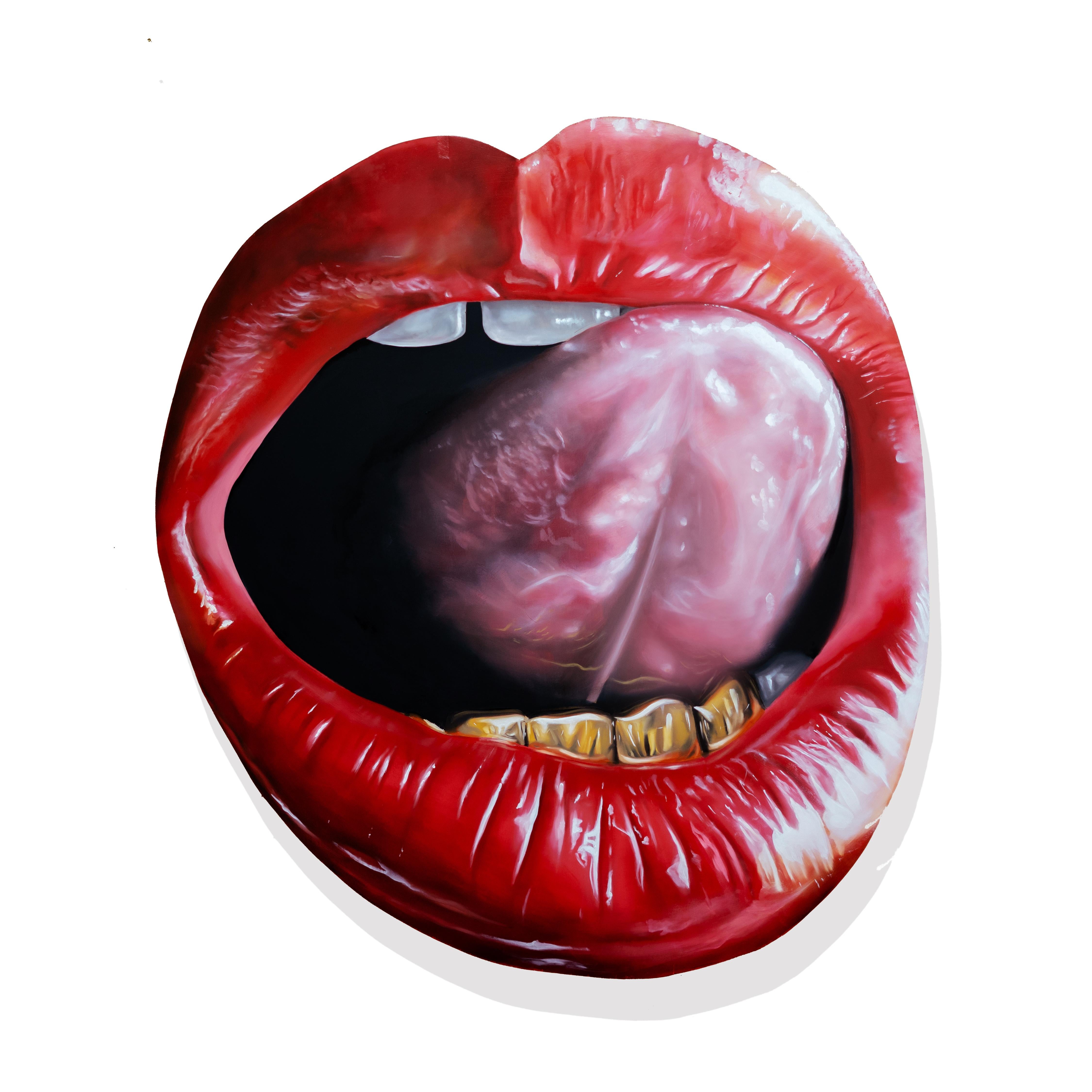 Jeremy Biggers  Portrait Painting - Lip Service - pop art contemporary, sexy with bright colors oil on panel