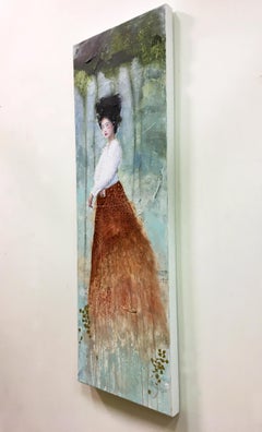 Le Fil Blanc, Horizontal mixed media painting with female figure, Asian beauty