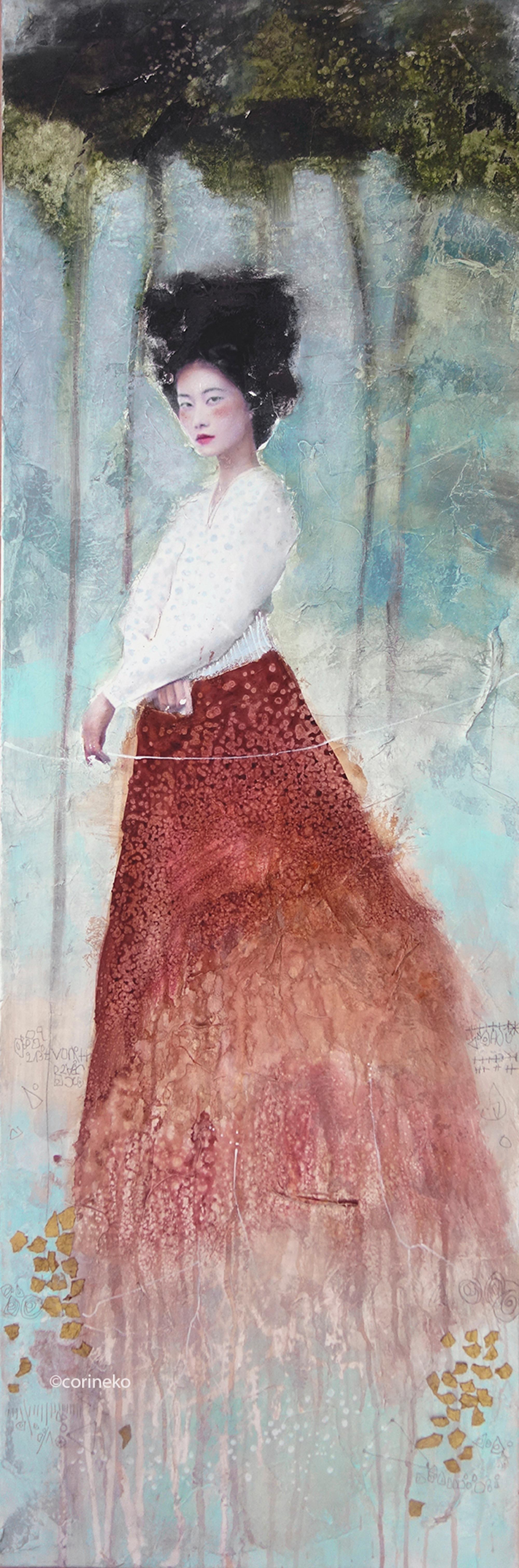 Le Fil Blanc, Horizontal mixed media painting with female figure, Asian beauty - Mixed Media Art by Corine Ko