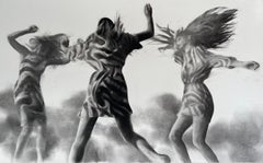 Feel The Beat, realistic figurative charcoal on paper of girls dancing - Framed