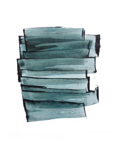 "Superposition 06" elegante opera astratta a pigmenti su carta con texture blu e verde acqua