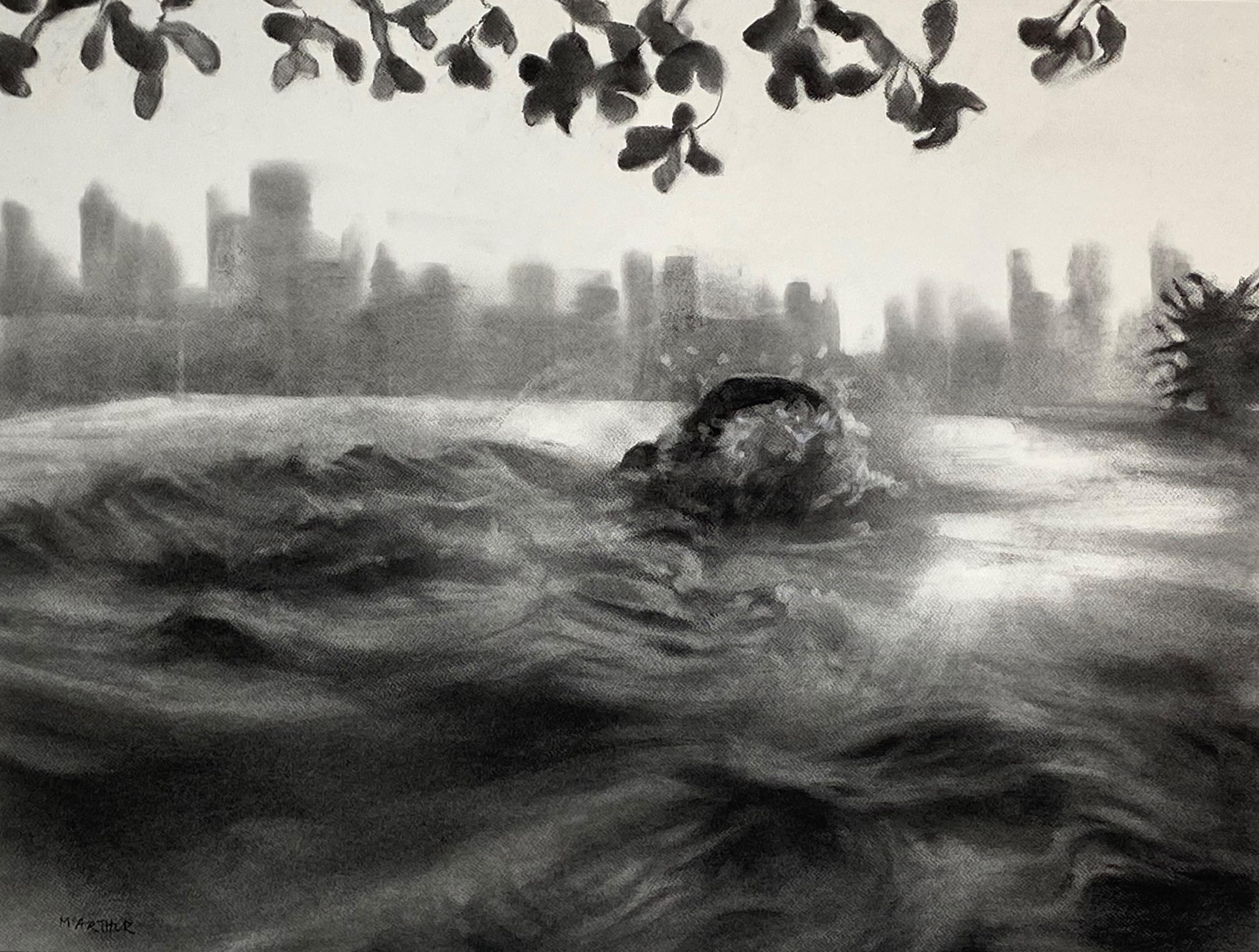 The Space Between, monochrome charcoal drawing of swimmer in urban setting