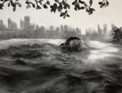 The Space Between, monochrome charcoal drawing of swimmer in urban setting