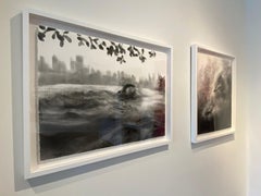 The Space Between, monochrome charcoal drawing of swimmer in city setting