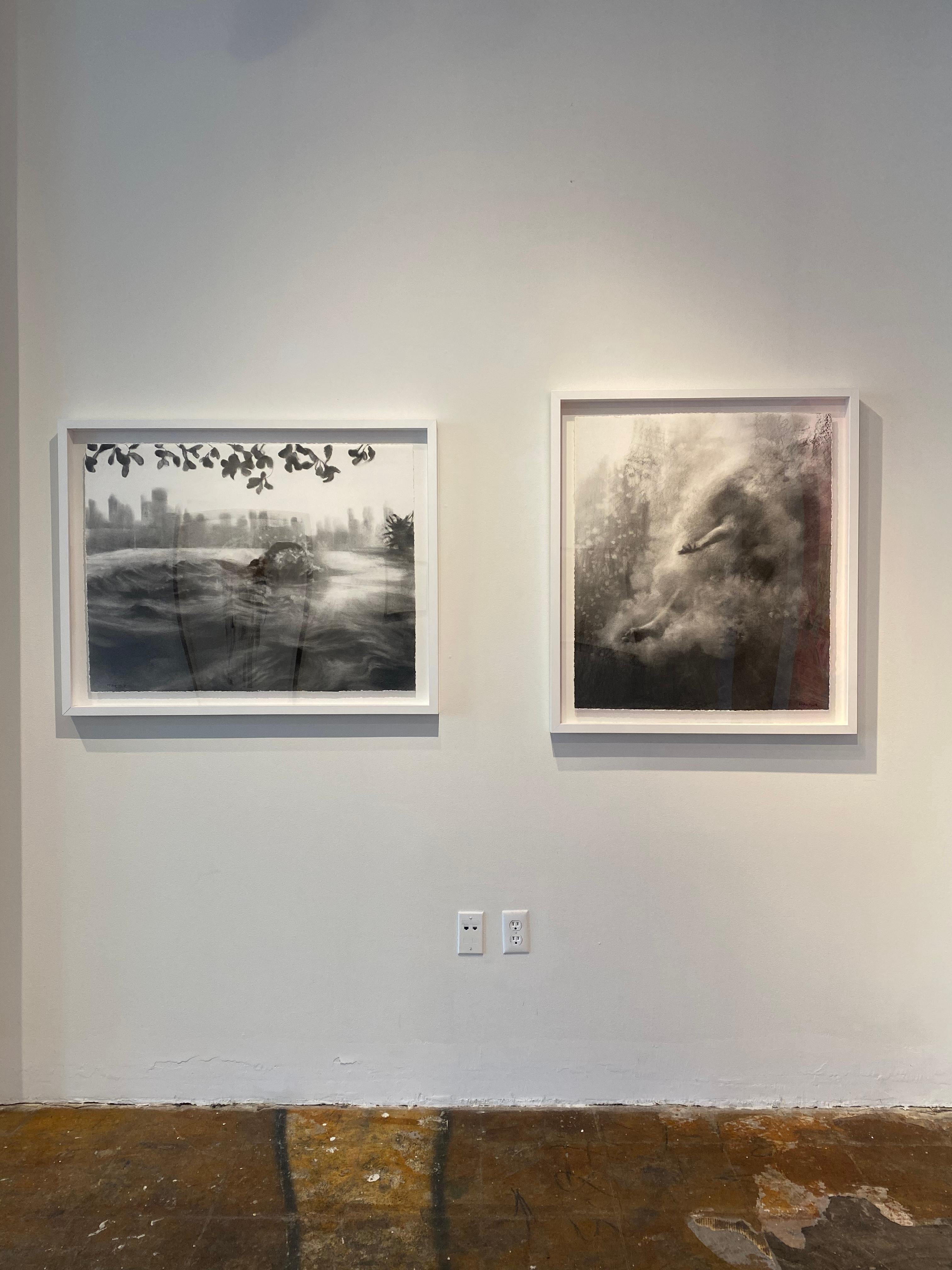 The Space Between, monochrome charcoal drawing of swimmer in urban setting - Art by Patsy McArthur