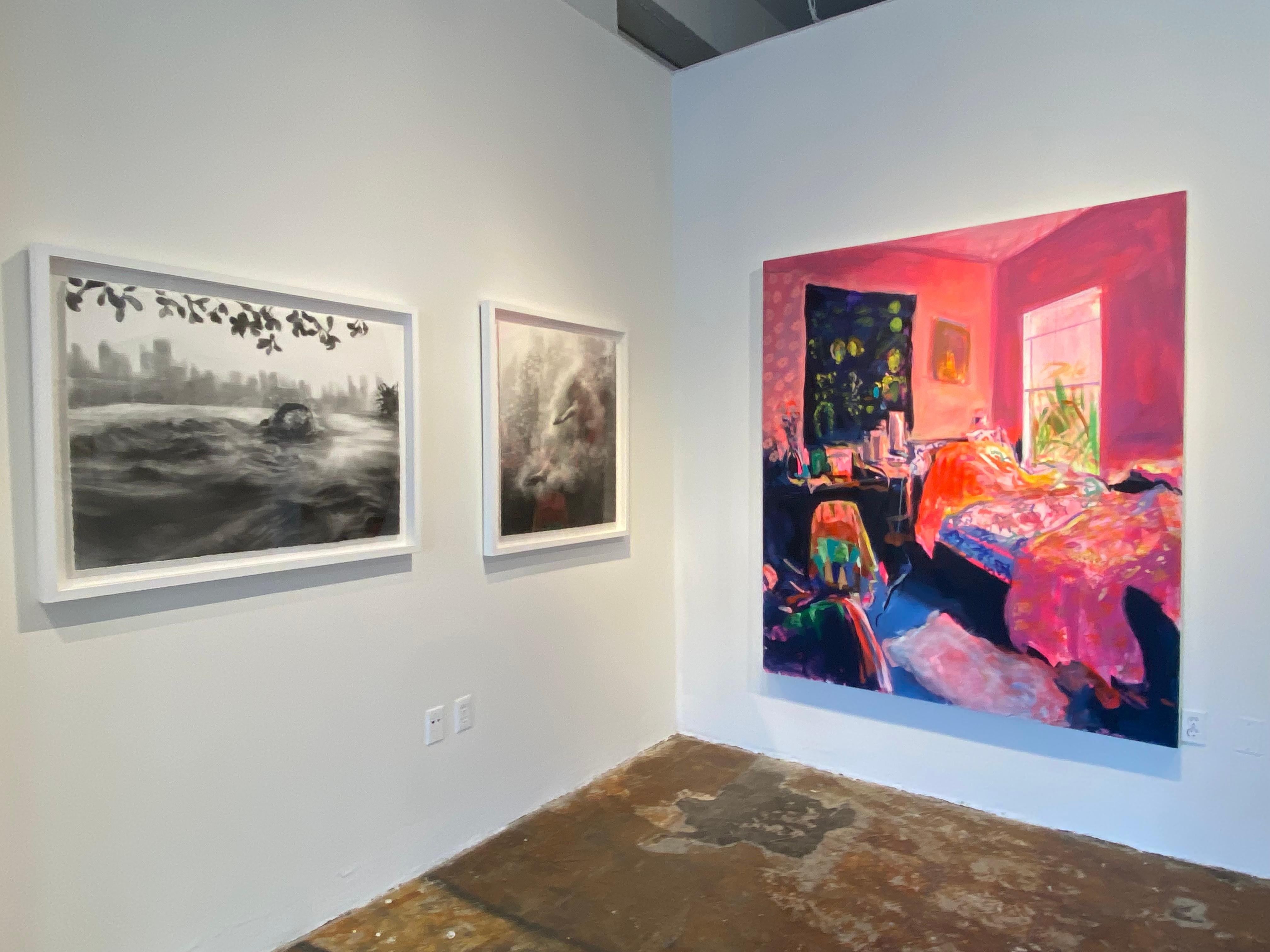 The Space Between, dessin monochrome au fusain d'une nageuse dans un cadre urbain en vente 4