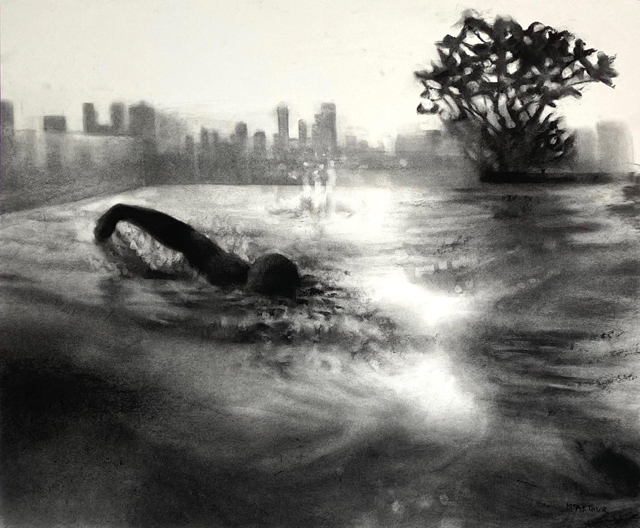 City Swim Dusk, realist monochrome charcoal drawing of swimmer in urban setting