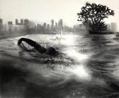 City Swim Dusk, realist monochrome charcoal drawing of swimmer in urban setting