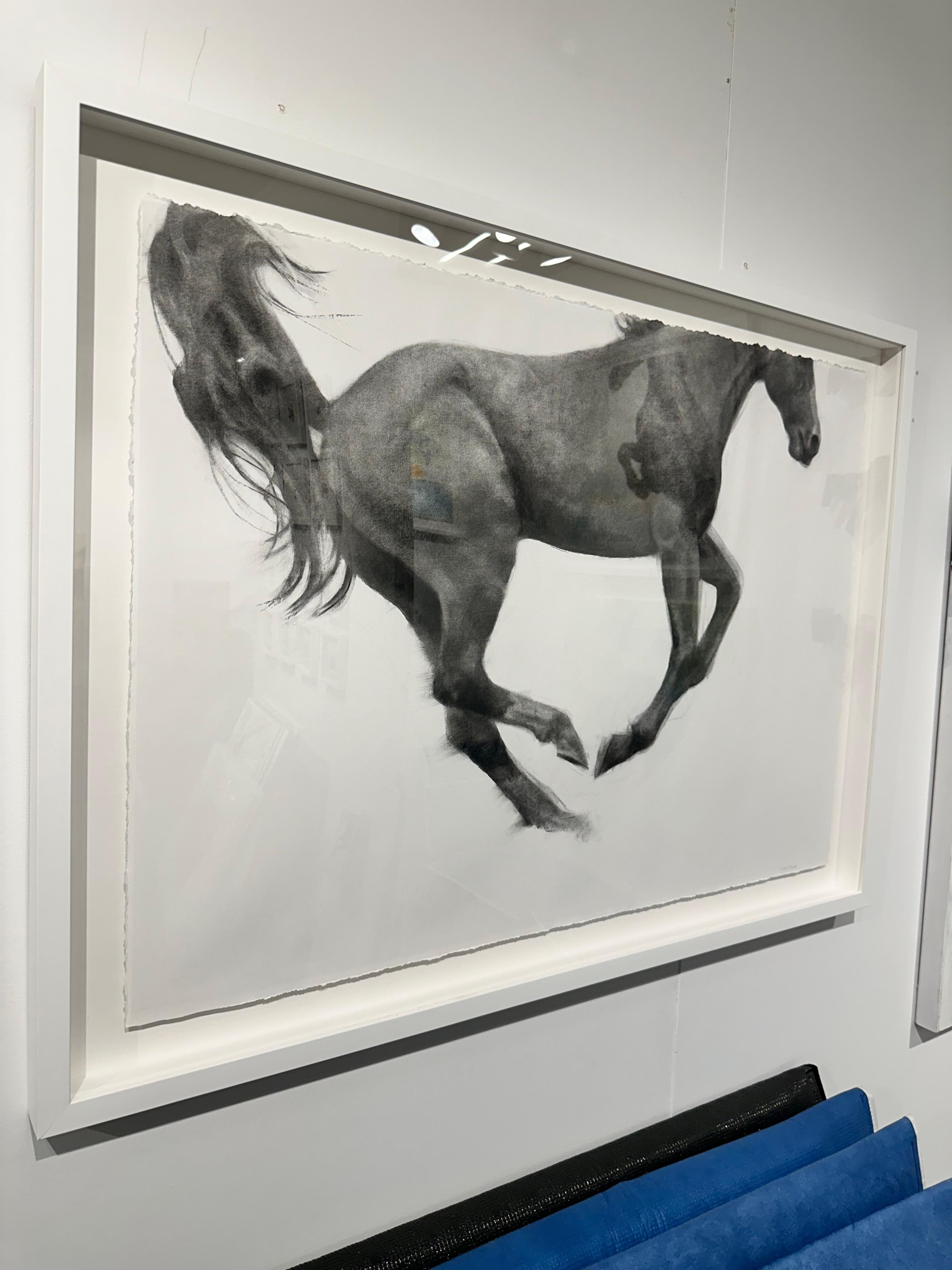 Elevate, Jumping Horse Drawing, Charcoal on Fabriano paper, white frame - Realist Art by Patsy McArthur