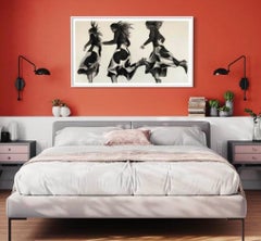 Cadence, disegno realista a carboncino di donne e capelli che corrono, grafica e motivi