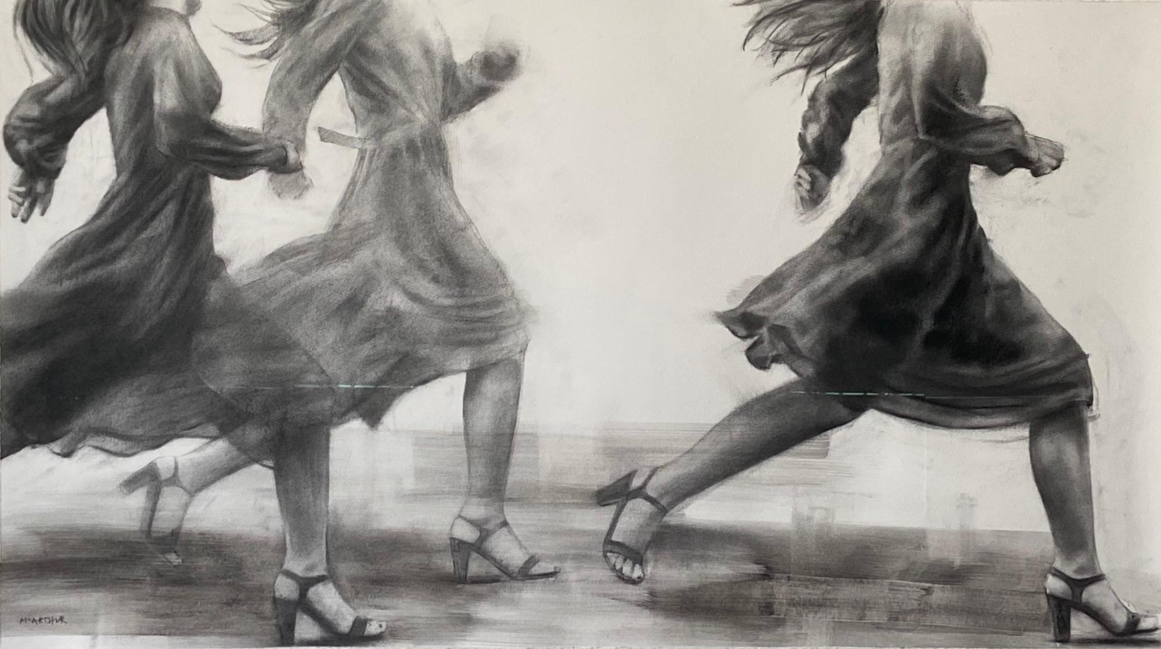 The Intrepids, Realist charcoal drawing of three women, running flowing dresses