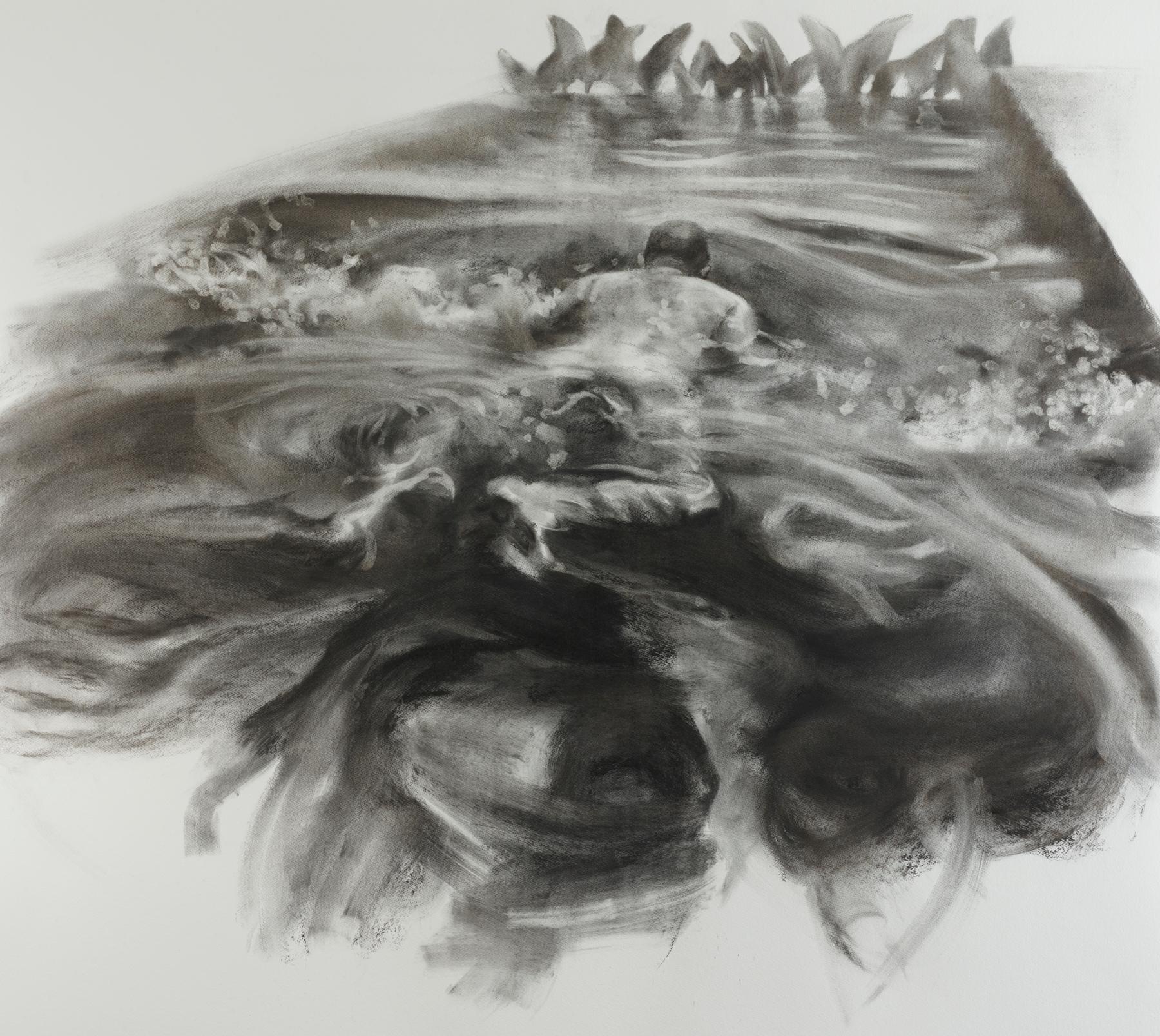 Waterway, Immersive Figurative Realist Charcoal Drawing of Swimmer in Motion