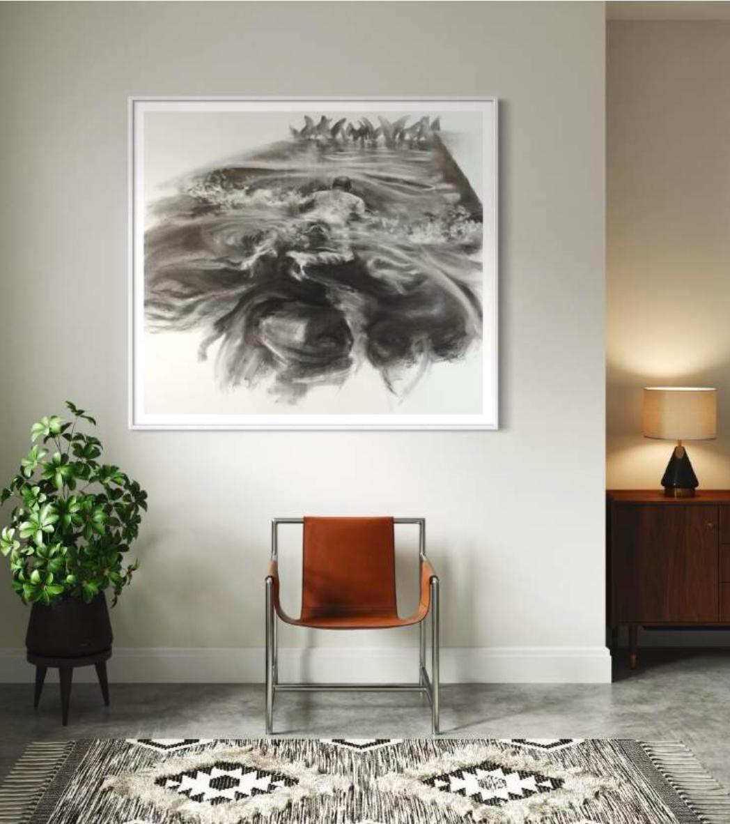 Waterway, Immersive Figurative Realist Charcoal Drawing of Swimmer in Motion – Art von Patsy McArthur