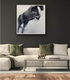 Gateway, Jumping Horse Drawing, Charcoal on Panel, white frame
