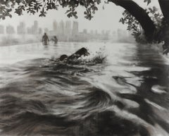 Golden Hour, Figurative Work, Swimmer in Urban Setting, Large Framed Charcoal