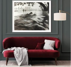 Golden Hour, Figurative Work, Swimmer in Urban Setting, Large Framed Charcoal