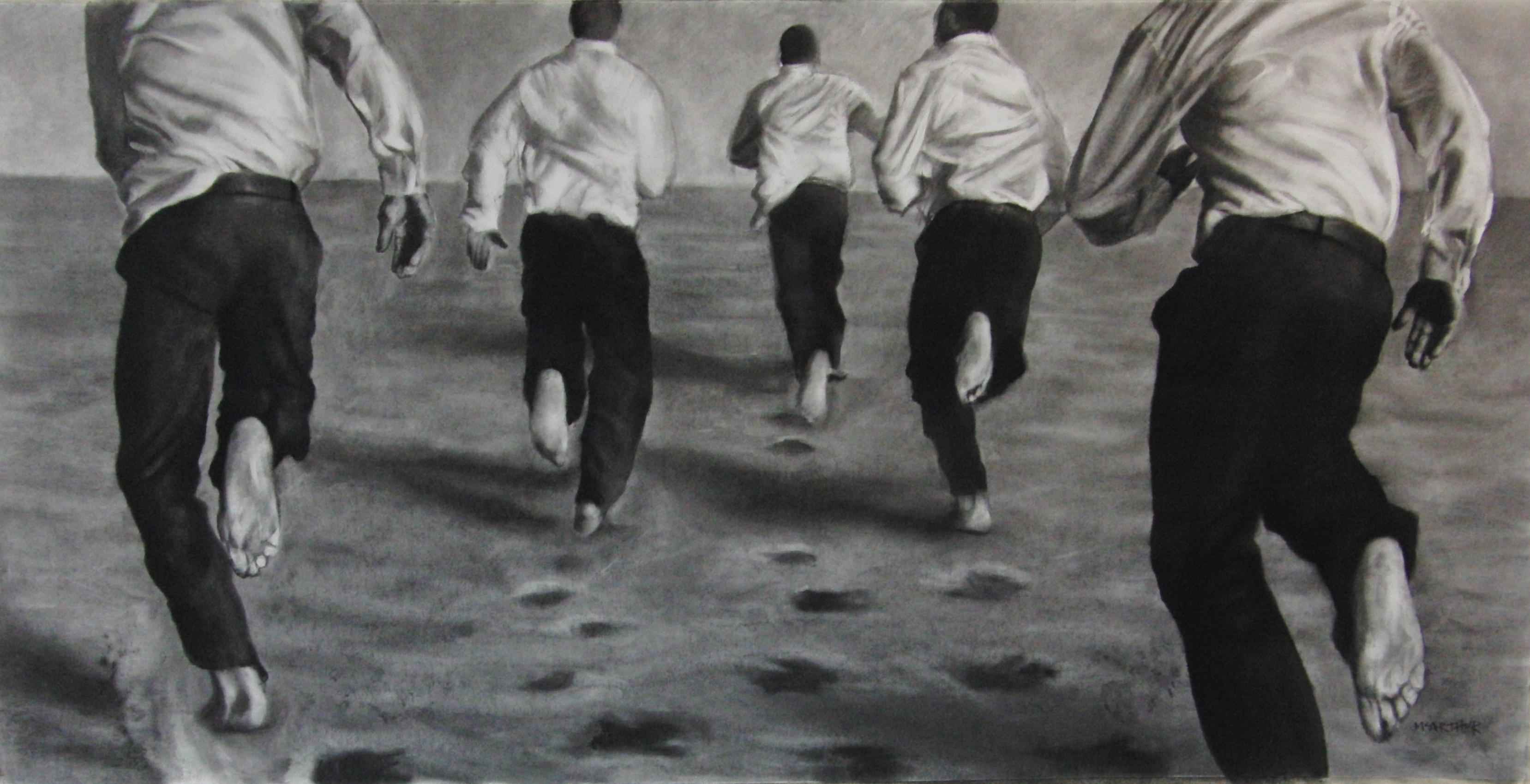 Patsy McArthur Figurative Art - The Chase, Dynamic runners, Charcoal and graphite on Fabriano paper, white frame