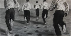 The Chase, Dynamic runners, Charcoal and graphite on Fabriano paper, white frame