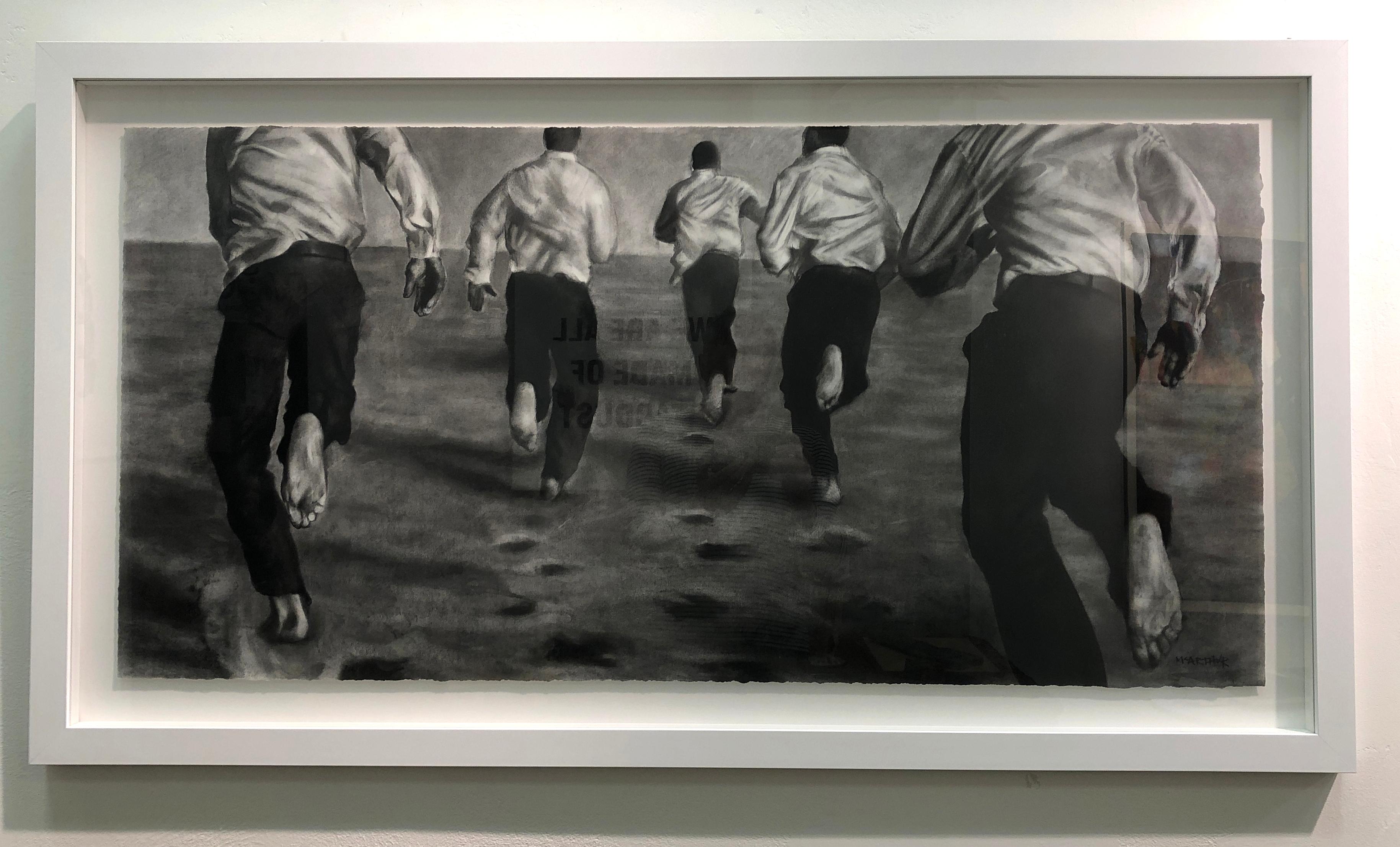 The Chase, Dynamic runners, Charcoal and graphite on Fabriano paper, white frame - Art by Patsy McArthur