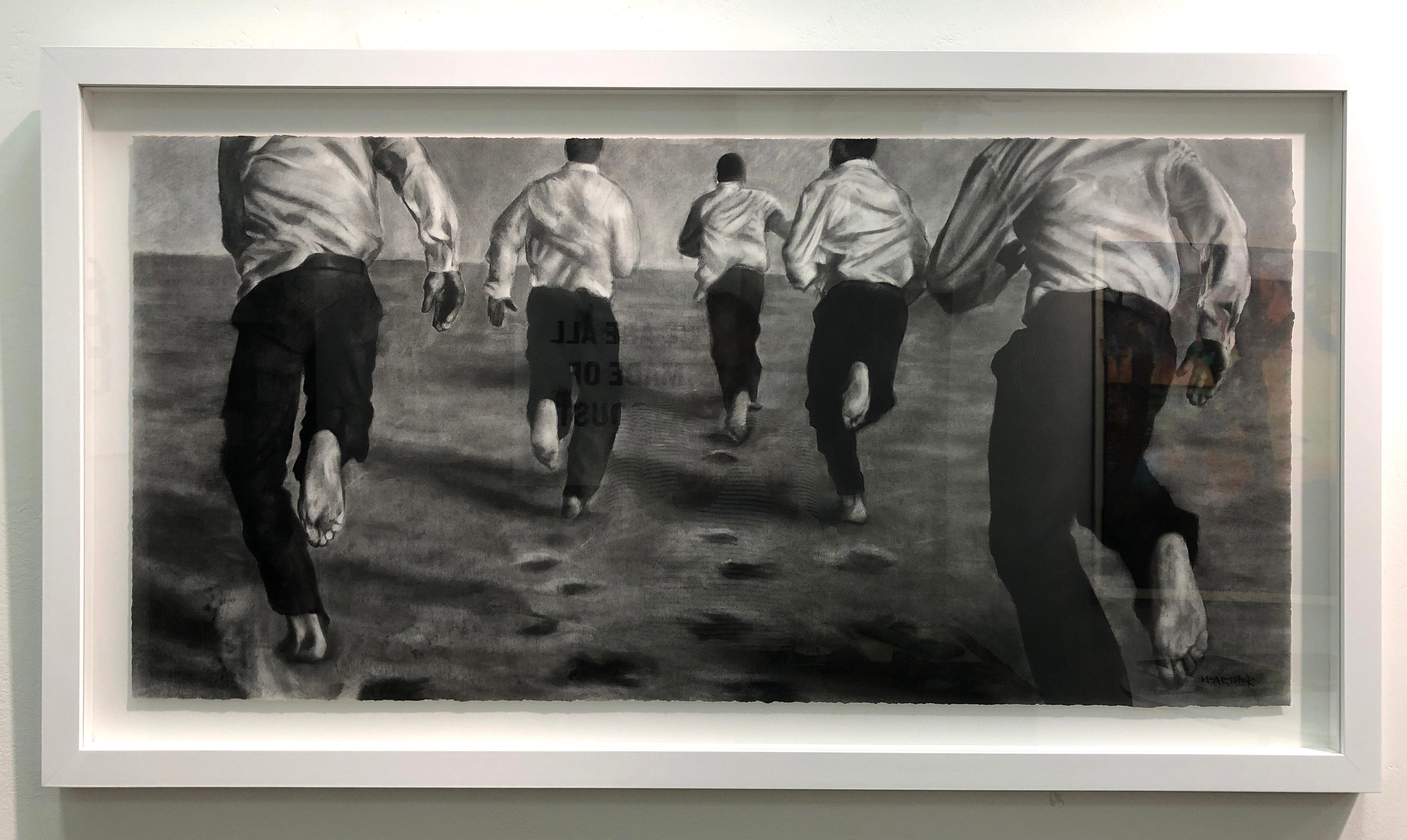 The Chase, Dynamic runners, Charcoal and graphite on Fabriano paper, white frame - Realist Art by Patsy McArthur