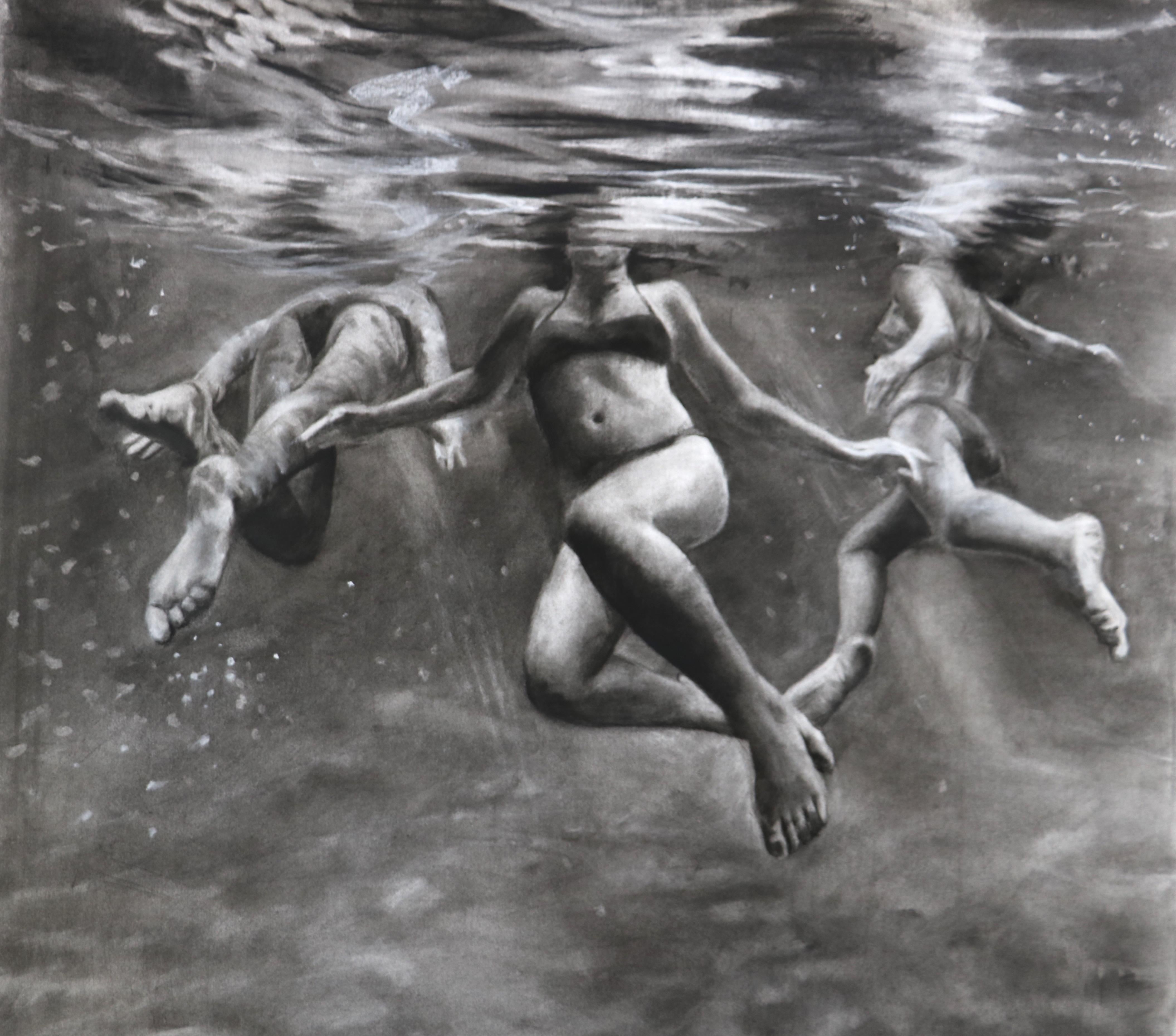 The Three Graces, Underwater swimmers, Charcoal and graphite on Fabriano paper