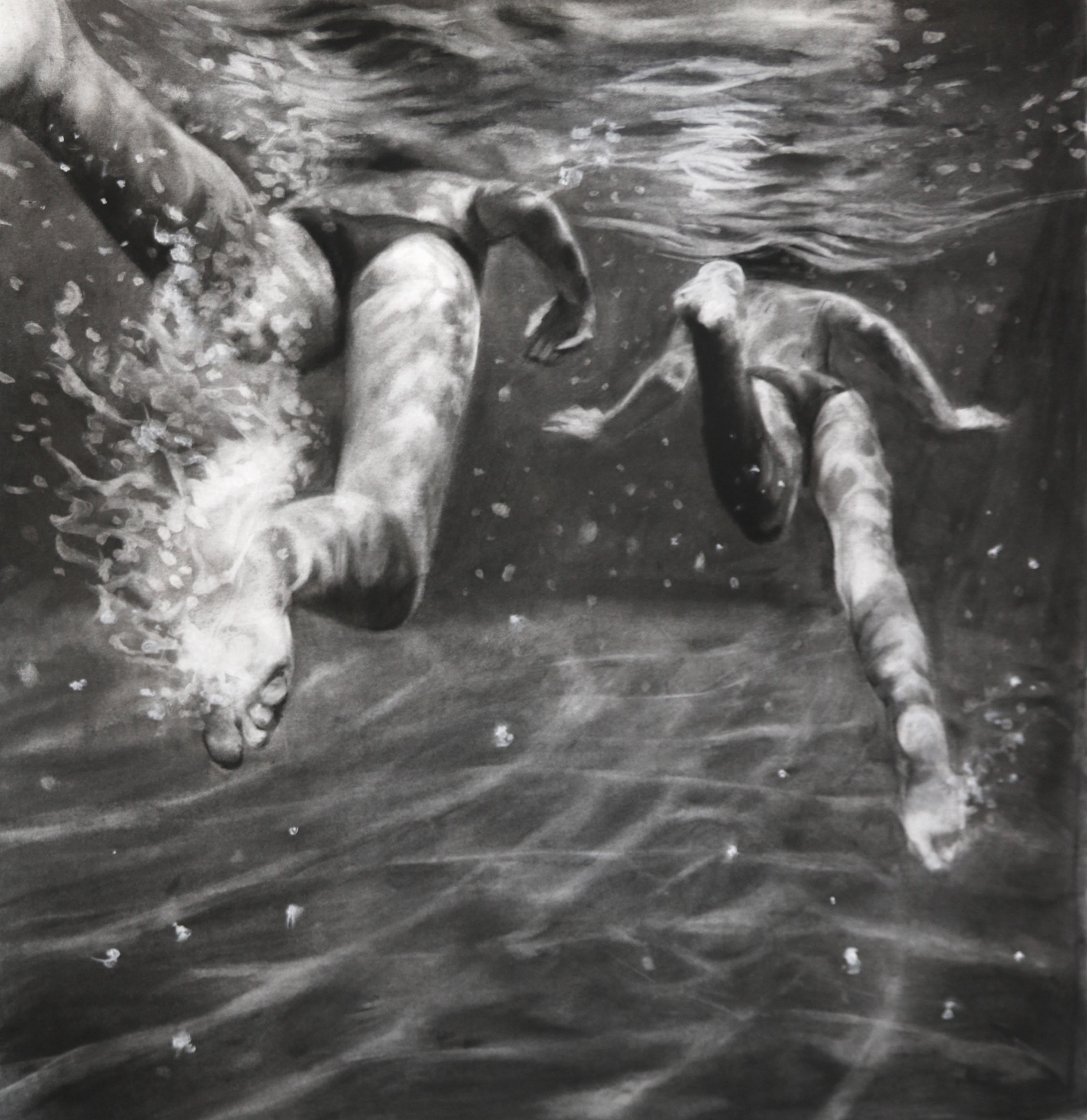 Patsy McArthur Nude - The Race, Dynamic underwater swimmers, Charcoal and graphite on Fabriano paper