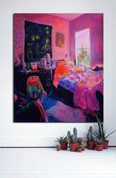 Awakening - Expressive and textured large oil painting of bedroom, bold colors