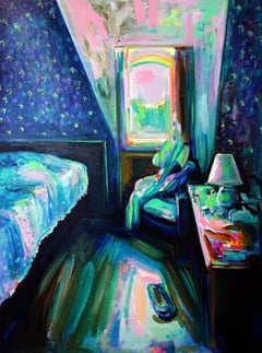 Summer Breeze, Bright & textured blue oil on canvas, interior bedroom painting