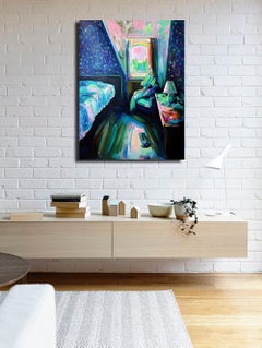Summer Breeze, Bright & textured blue oil on canvas, interior bedroom painting