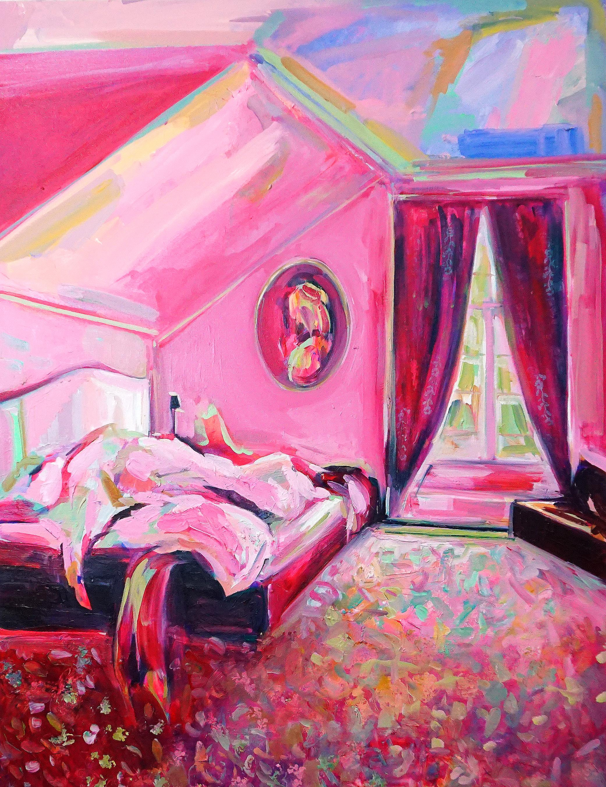 Ekaterina Popova Interior Painting - Mademoiselle, Expressive and bright pink oil on canvas, interior boudoir bedroom