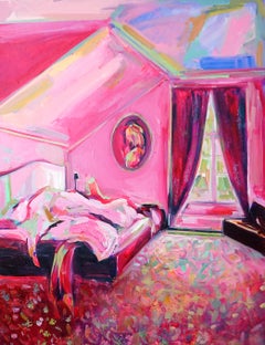 Mademoiselle, Expressive and bright pink oil on canvas, interior boudoir bedroom