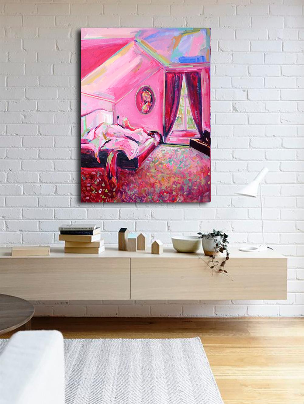 Mademoiselle, Expressive and bright pink oil on canvas, interior boudoir bedroom - Painting by Ekaterina Popova