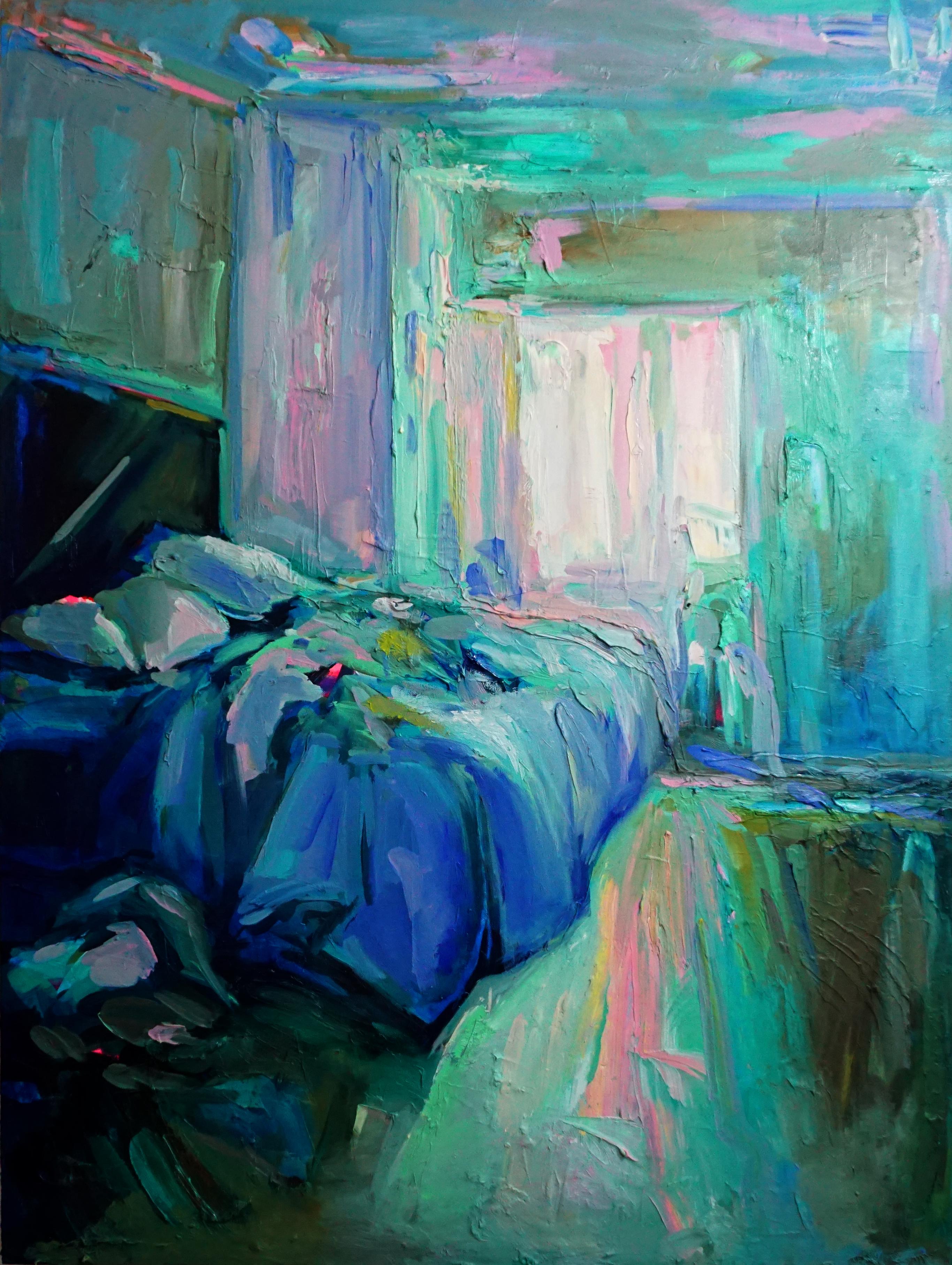 Ekaterina Popova Interior Painting - "The Letter", Expressive and textured interior bedroom painting, Oil on canvas 