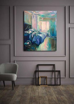 "The Letter", Expressive and textured interior bedroom painting, Oil on canvas