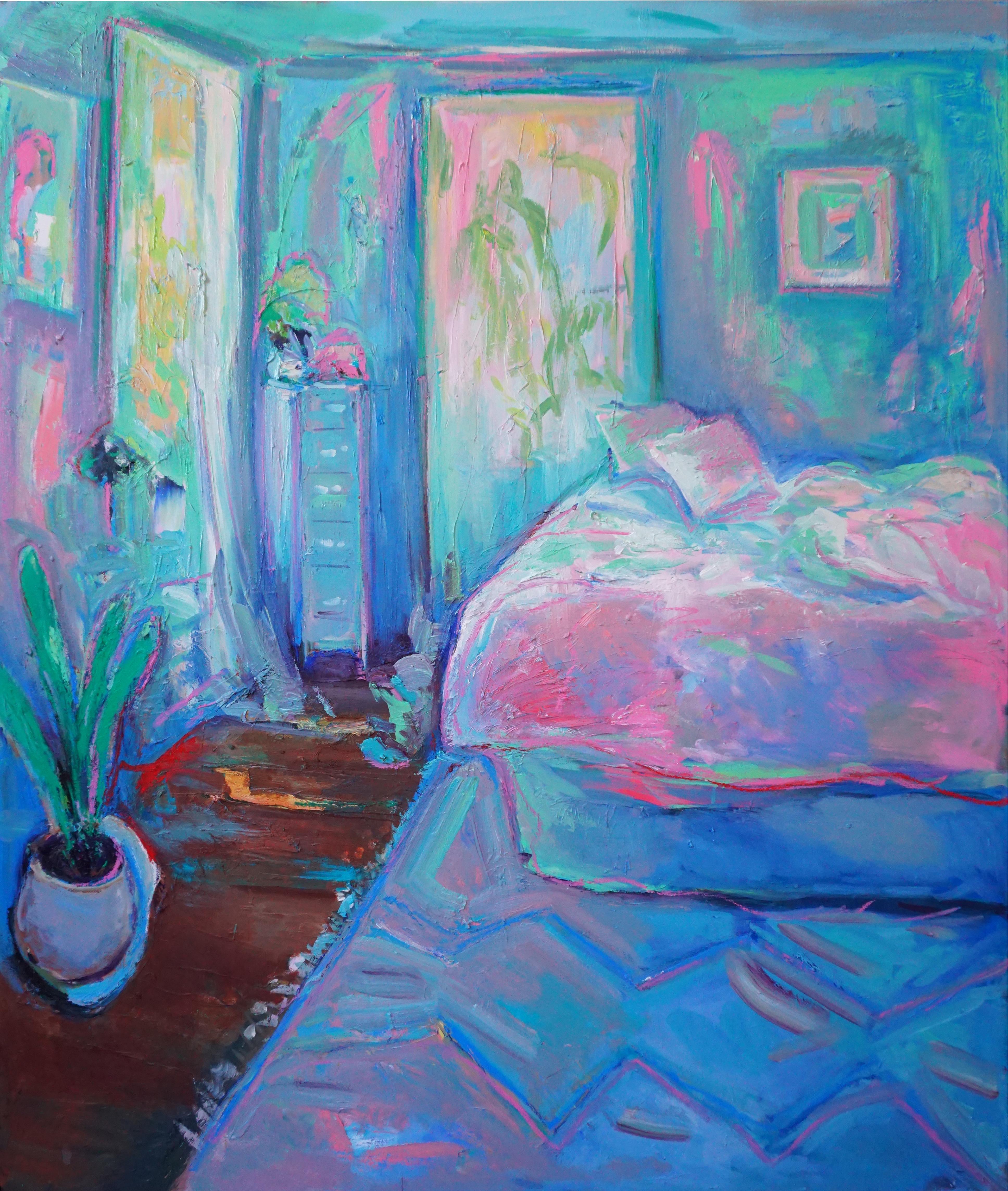 Ekaterina Popova Still-Life Painting - Beginning, Large oil painting w pastel palette, blue & pink of bedroom interior