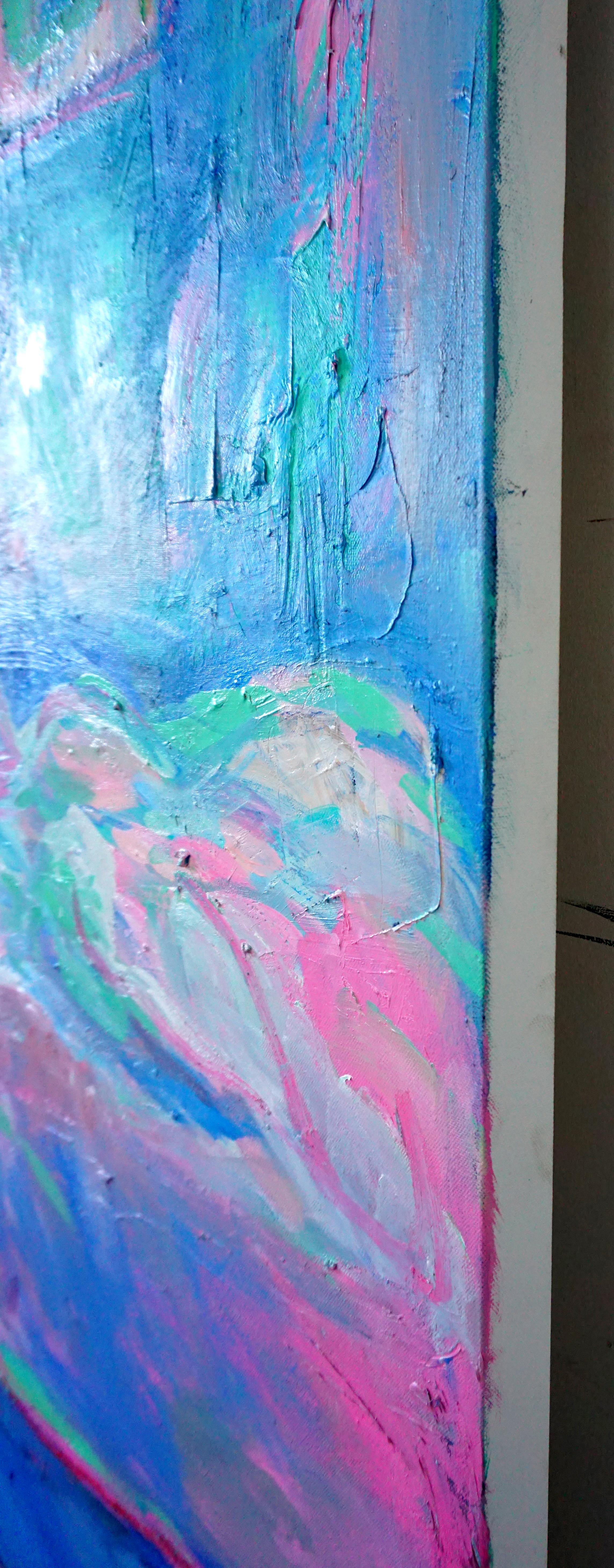 Beginning, Large oil painting w pastel palette, blue & pink of bedroom interior - Painting by Ekaterina Popova