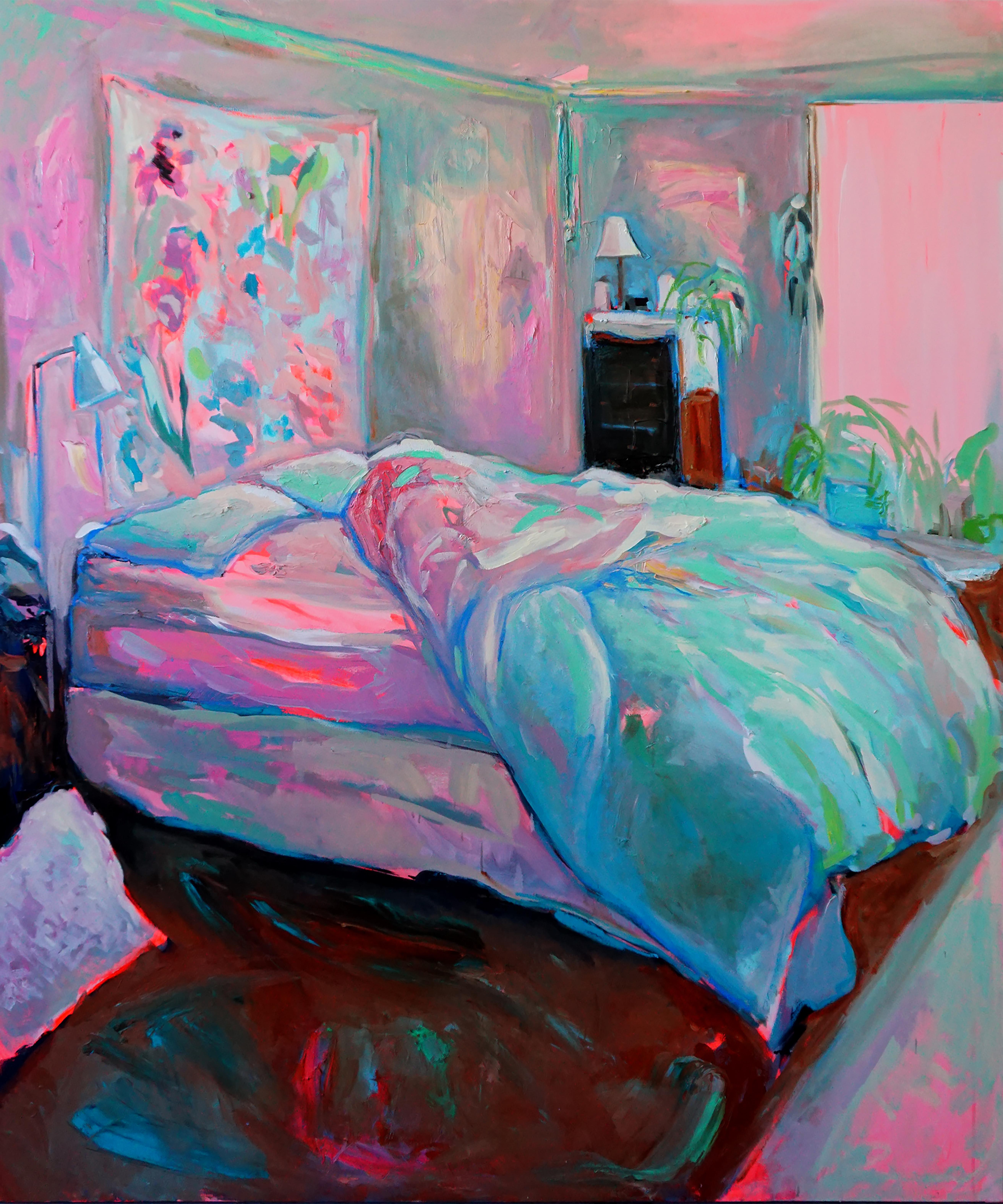 Resting Place, Large textured oil painting w pastel palette of bedroom interior