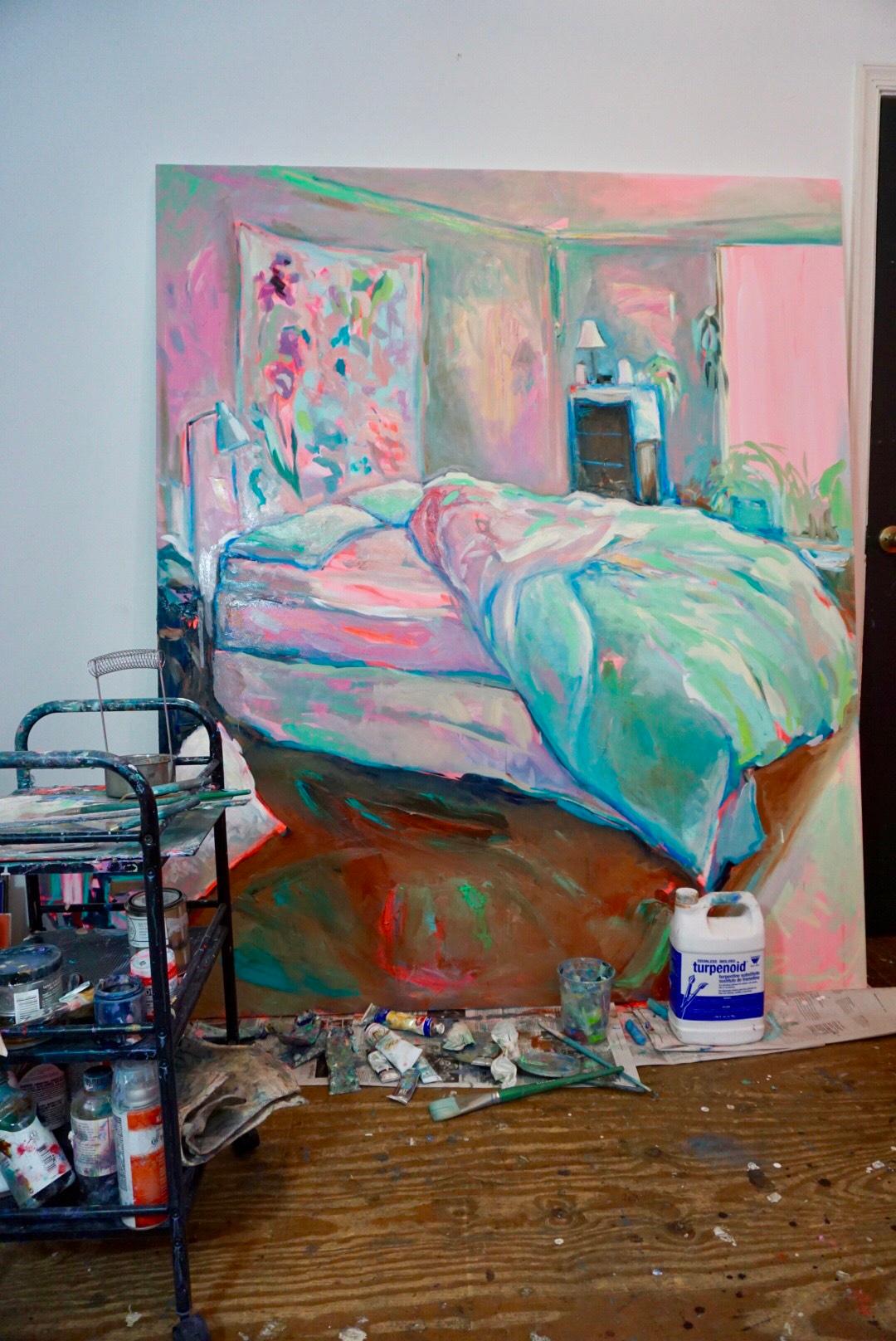 Lugar de Descanso, Gran óleo con textura y paleta pastel del interior de un dormitorio - Interior Painting Gris de Ekaterina Popova