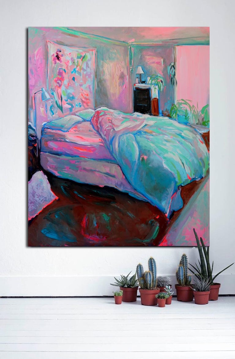 Resting Place, Large textured oil painting w pastel palette of bedroom interior For Sale 1
