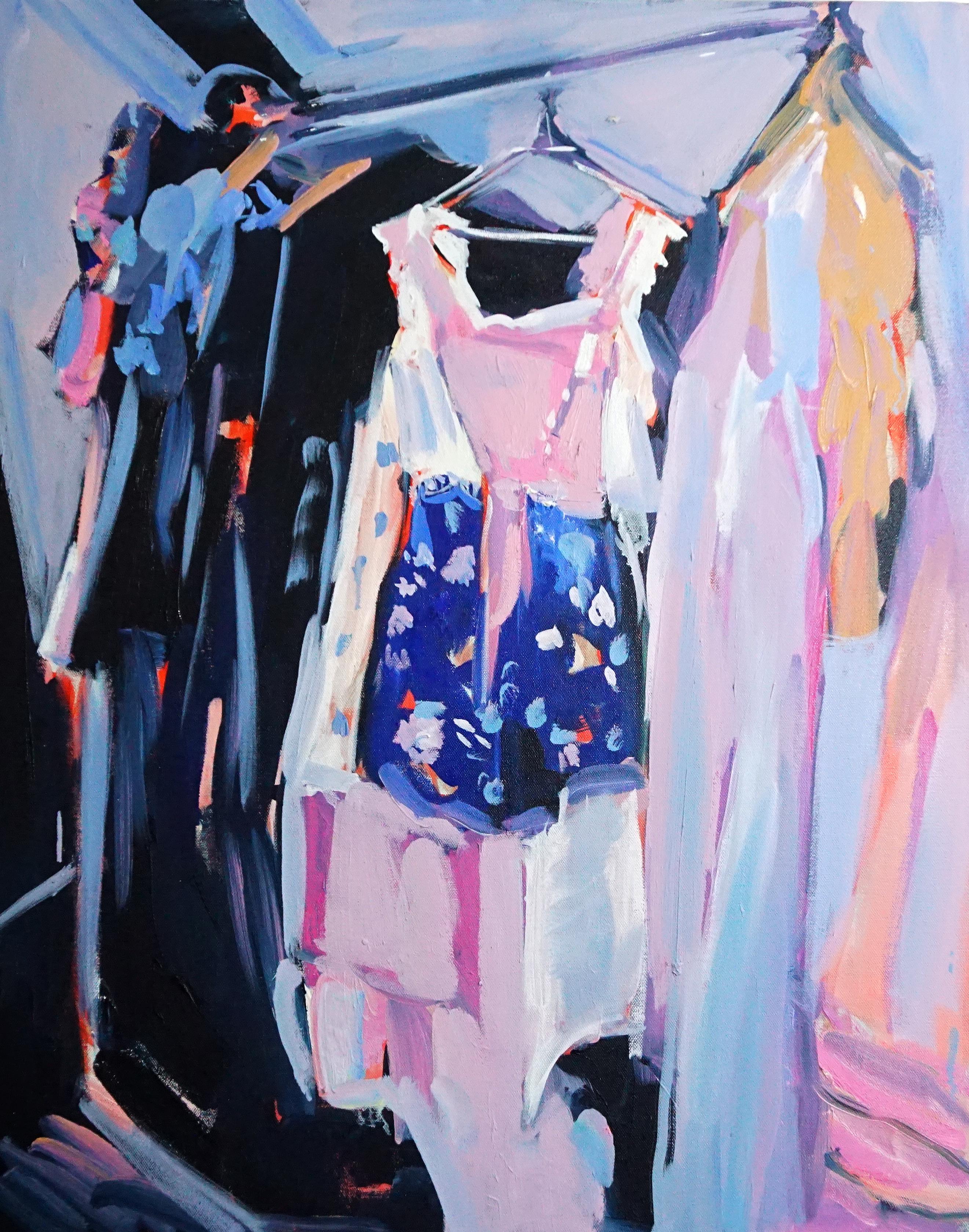 Going Out, Oil on canvas, bright and textured bedroom series with clothing