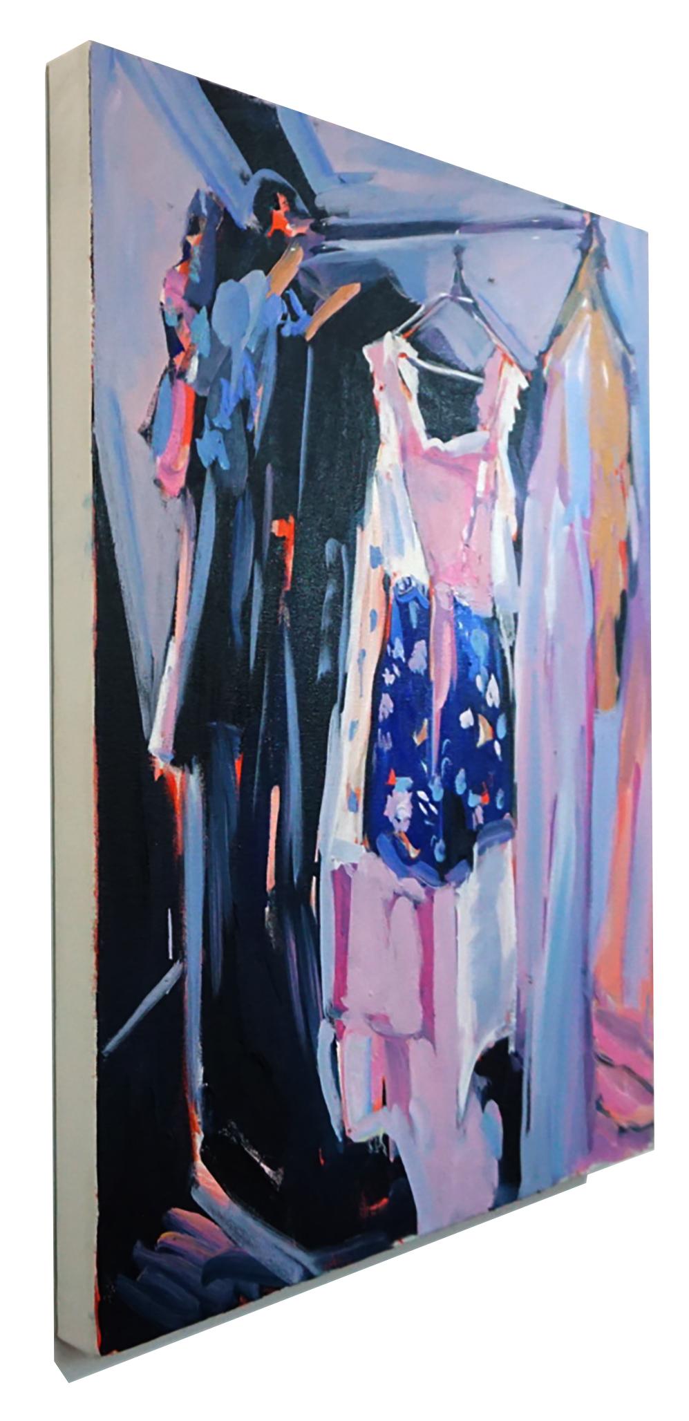 Going Out, Oil on canvas, bright and textured bedroom series with clothing - Painting by Ekaterina Popova