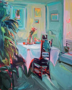 Morning Coffee, Oil on canvas, bright and textured interior series w greens