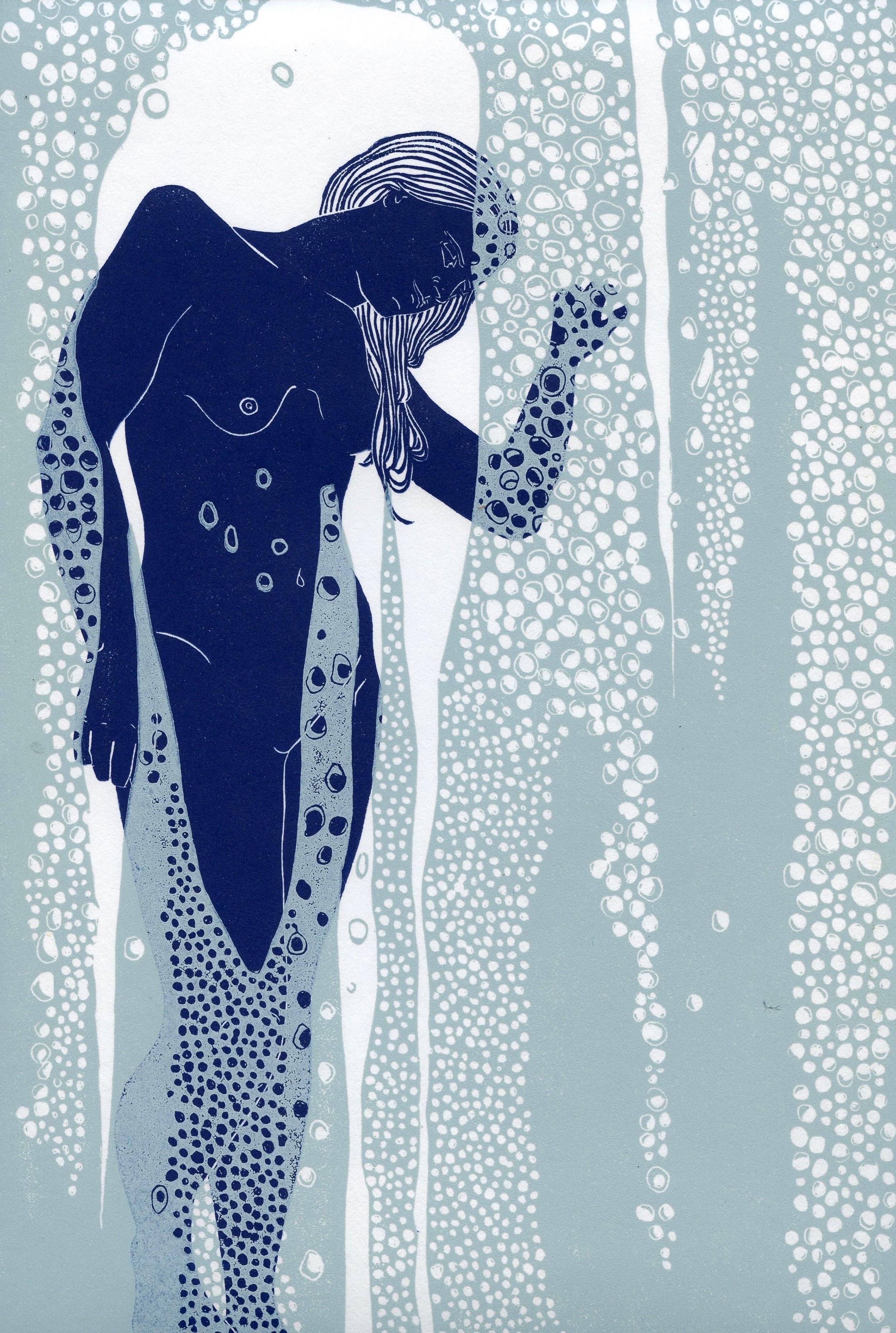 Nude Behind Shower Glass, female figurative Linocut original print, Unframed