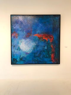 Blue Seventy-Two - contemporary bright bold abstract painting on canvas framed